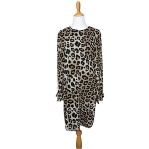 Banana Republic Leopard Print Ruffle Cuff Crew neck Shift Dress Size 12 Womens